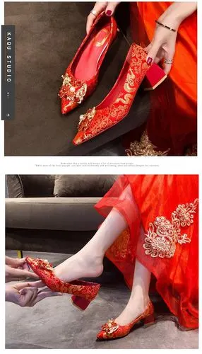 春秋季中式婚鞋女红色高跟鞋粗跟龙凤绣花新娘鞋旗袍秀禾鞋红鞋