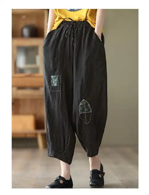 外贸法国单夏季复古贴布棉麻裤大码女裤休闲萝卜裤胖mm亚麻哈伦