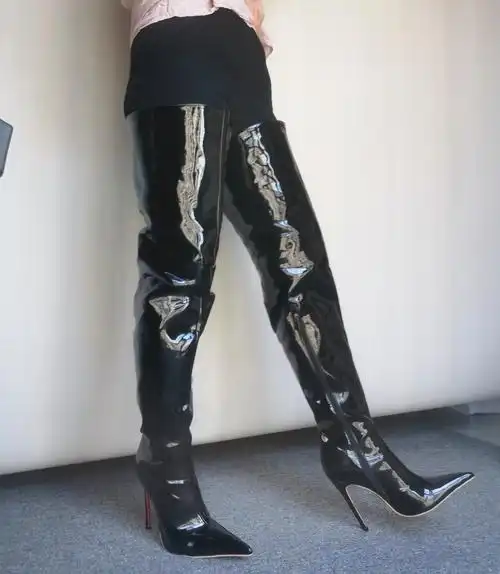 细跟高筒靴大筒围大腿靴反串伪娘大码鞋sm超尖头女王红底长靴优惠券