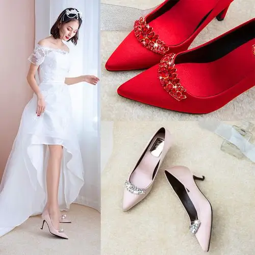 水晶水钻高跟红色婚鞋细跟尖头香槟色伴娘鞋结婚纱演出低跟女单鞋