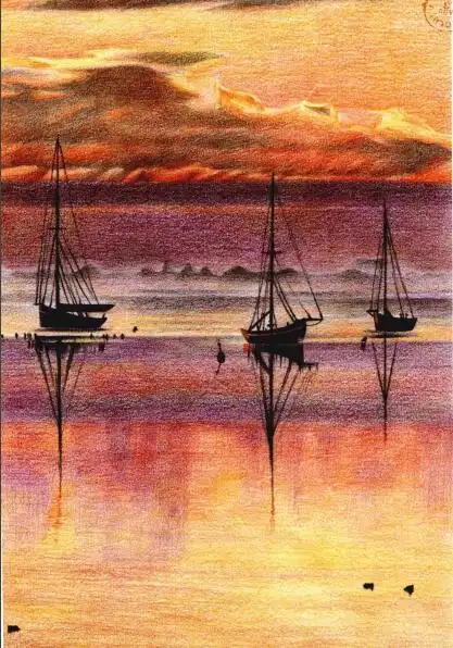 彩铅画海上日出风景教程步骤