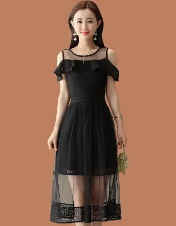 蕾丝连衣裙女2018夏装新款显瘦露肩网纱裙中长款韩版气质修身裙子j