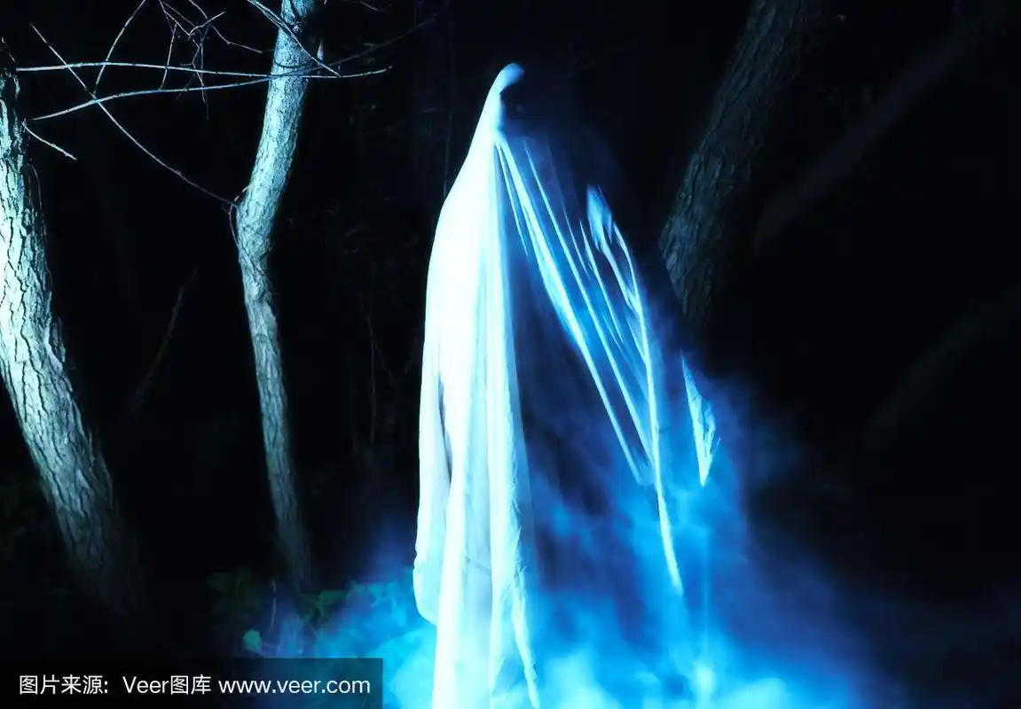 晚上在户外的鬼魂.蓝烟.恐怖电影的概念.森林里有可怕的东西.