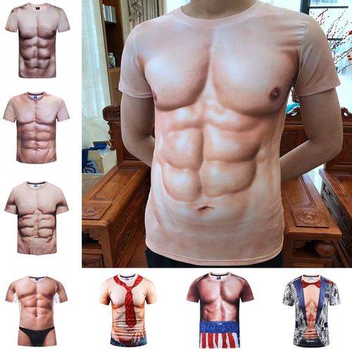 肌肉男t恤假6八块假胸腹肌上衣服创意个性短袖搞怪3d立体搞怪肤色