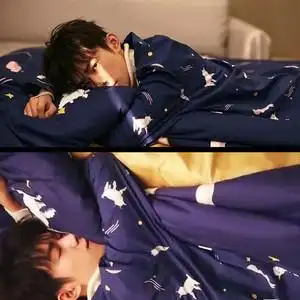 芯薏服饰淘宝tfboys易烊千玺同款情侣睡衣夏天长袖韩版长裤纯色冰丝