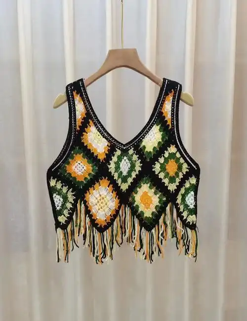 夏季新款设计感度假风v领镂空钩花流苏背心 - 17网