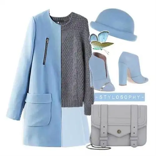 搭配推荐:灰色毛衣 淡蓝色外套 蓝色包包 深灰长裤 灰色雪地靴