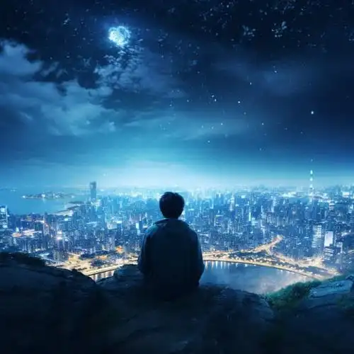 深夜男人山顶独自面对城市喧嚣灯火男生背影头像 ai孤独感星空下失恋