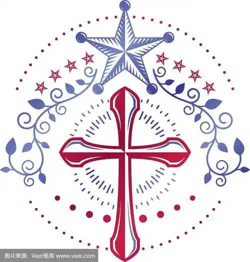 十字架宗教复古徽章创造使用五角星和花卉装饰,基督教十字架.
