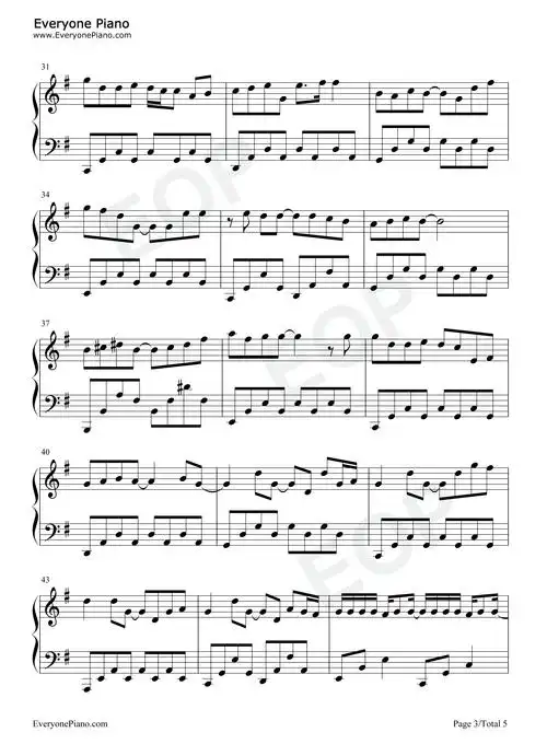 晴天-原调简单版-周杰伦五线谱预览3