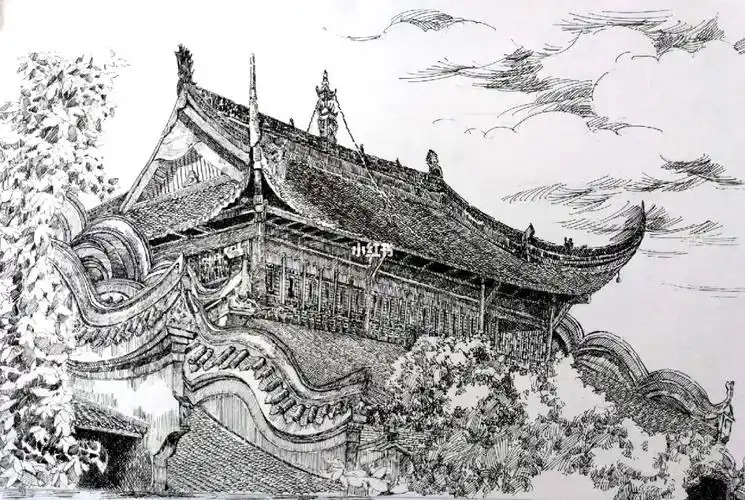 钢笔画成都洛带古镇的老建筑