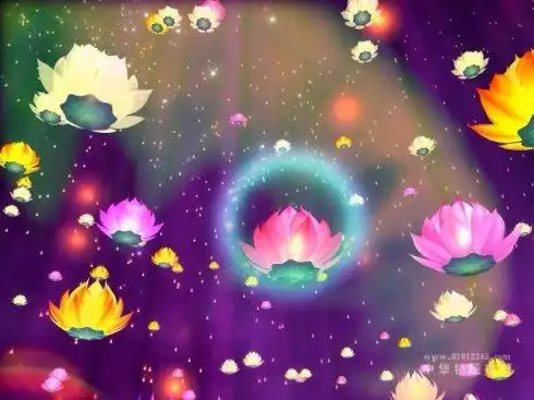 老人往生瑞相: 几里路的空间充满莲花, 每朵上都有阿弥陀佛; 七宝宫殿