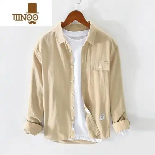 yanxu亚麻衬衫男长袖夏季感白色寸衫痞帅翻领休闲衬衣男士外套