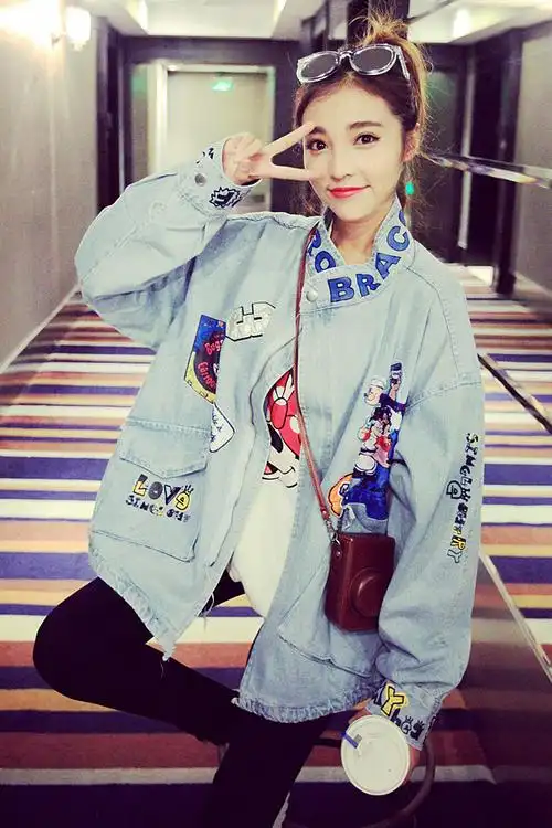 好先生 关晓彤同款卡通大力水手贴布字母印花大码牛仔外套