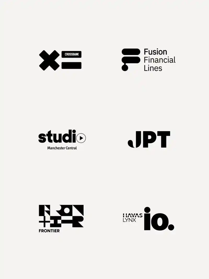 创意logo设计以几何图形与英文字体设计排版为基础,创造出简约而又