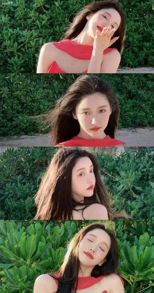 姜贞羽玫红抹胸随性写真