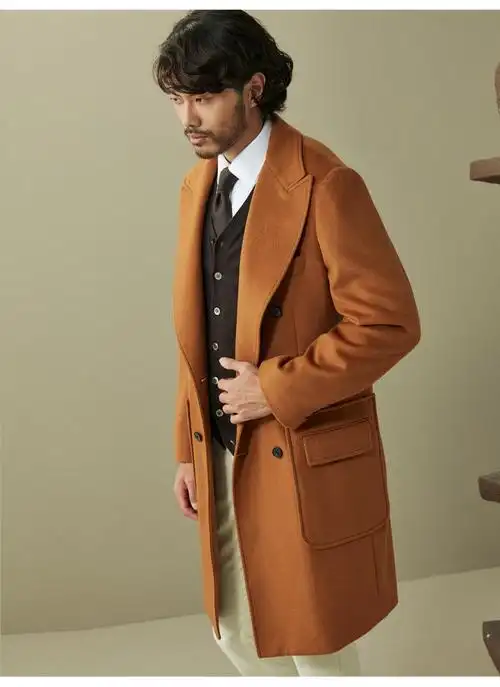 hany金棕羊绒马球大衣男双排扣羊毛高端商务休闲毛呢长款男士外套