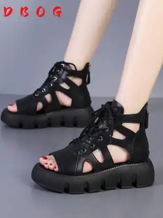 dbog凉鞋女夏季2023新款韩版复古罗马鞋学生高帮厚底女凉靴黑色35