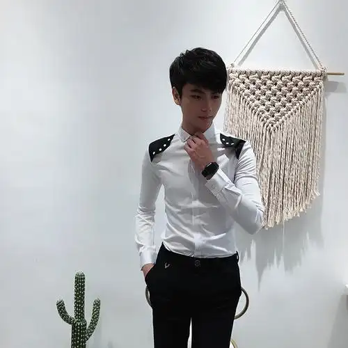 发型师衬衫 夜店装_长袖衬衫修身型男韩版寸衫个性少爷男模上班发型师