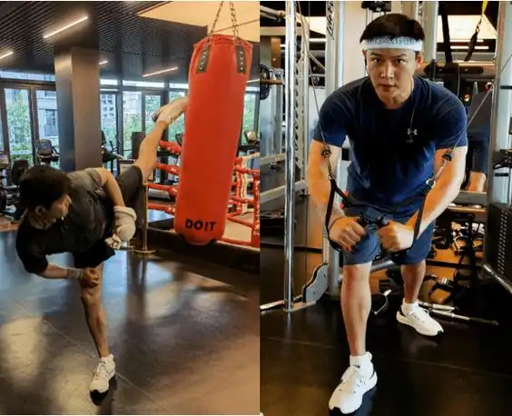 表示健康就是最好的礼物,照片中能看到陆毅腿部和手臂的肌肉线条十分