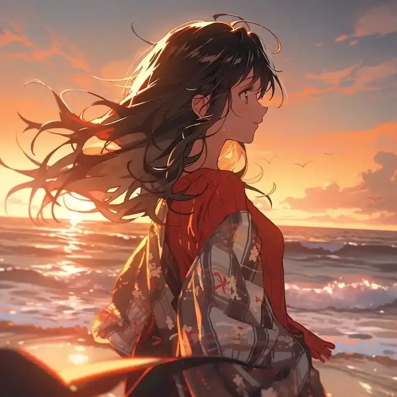 黄昏海边的女孩.#ai绘画 #优质头像 #插画 #动漫女头 - 抖音