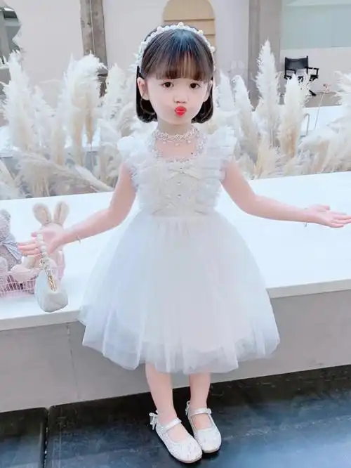 儿童露肩露背连衣裙白纱裙夏季礼服白色公主裙女童夏女孩裙子夏装