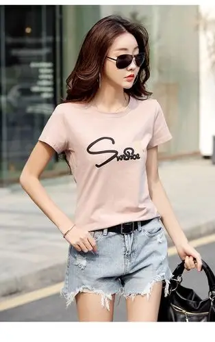 纯棉t恤女短袖夏季修身显瘦上衣立体植绒字母短袖圆领韩版体恤