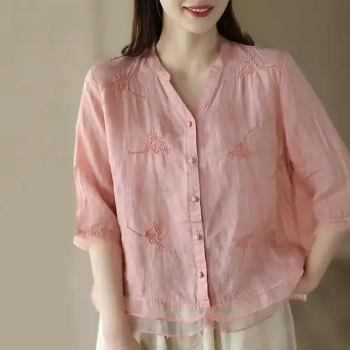 民族风刺绣高支纯苎麻衬衫女夏季新款拼接欧根纱棉麻小衫亚麻上衣 券