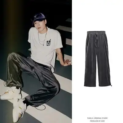 王嘉尔同款裤子丝绒休闲裤抽绳束脚运动裤潮男女直筒宽松百搭长裤