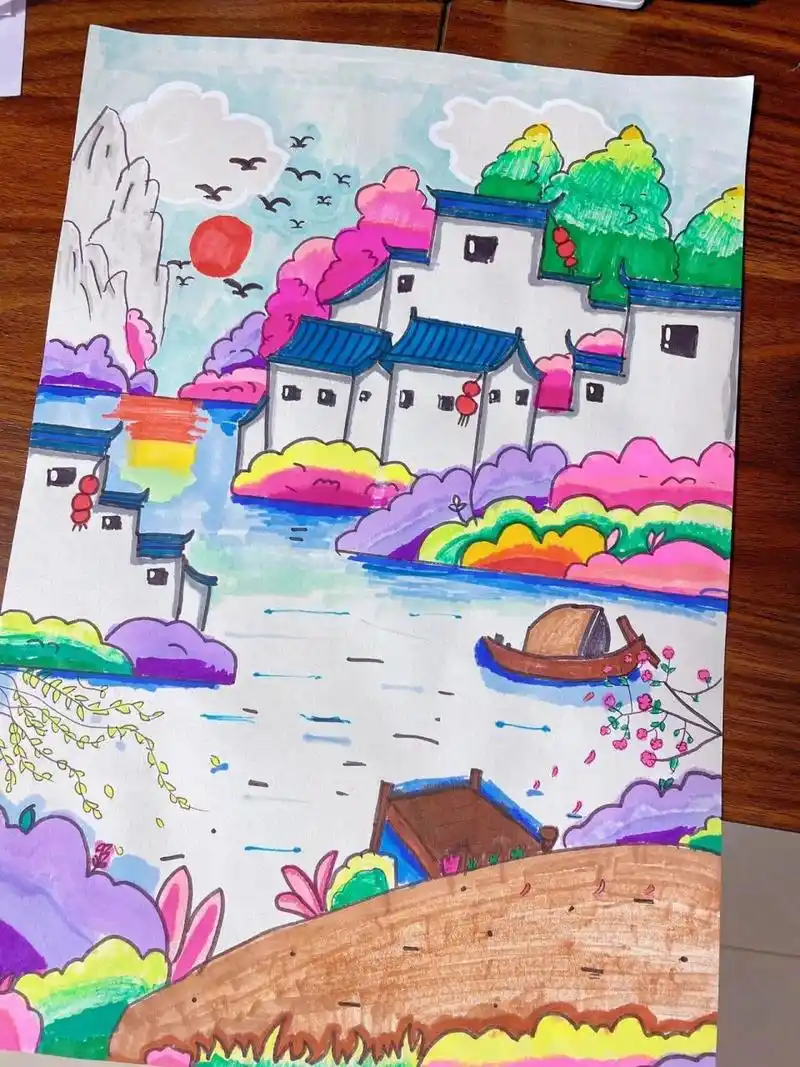 《江南水乡》儿童创意画 江南水乡创意画,春天的景色.