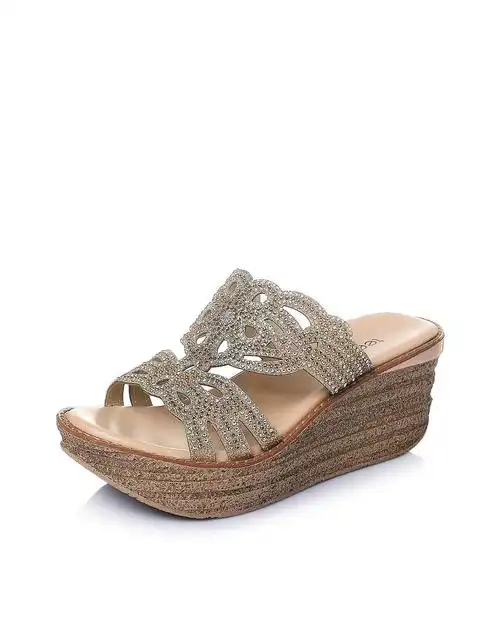 2016金色布面坡跟女凉鞋