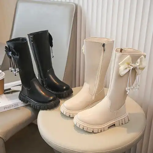 女童高筒靴2023秋冬新款蝴蝶结长筒皮靴子小女孩洋气公主长靴批发