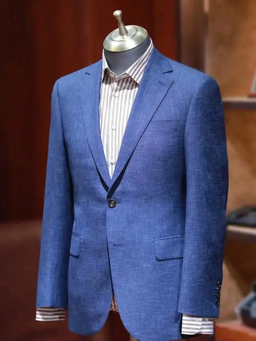 商务户外婚礼西装蓝色纯毛仿亚麻肌理感