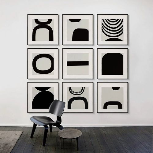 黑白抽象客厅沙发背景墙装饰画正方形艺术现代简约餐厅挂画高级感