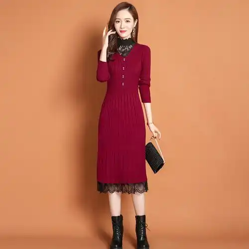 冬季保暖全身加绒打底连衣裙中长款韩版宽松过膝蕾丝拼接毛衣裙女
