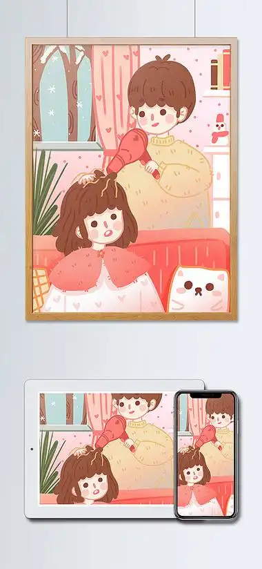 扁平冬天情侣日常在家里帮女朋友吹 i>头 /i> i>发 /i> i>男 /i> i>孩