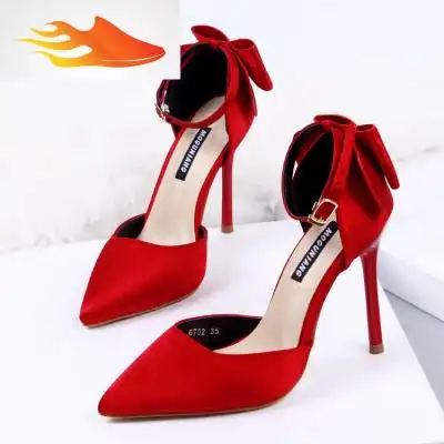 basket2019新款女春季细跟一字扣韩版百搭性感单鞋红色蝴蝶结高跟鞋