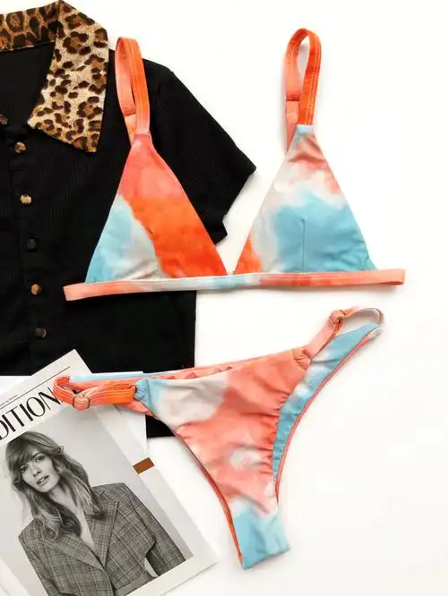 欧美ins沙滩分体泳衣印花三角bikini超小性感比基尼