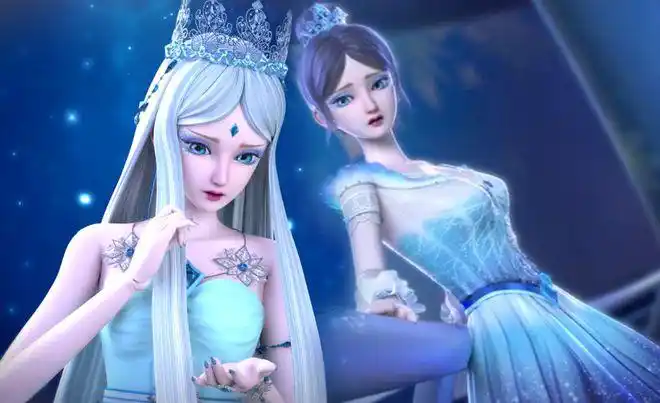 人类女孩冰公主,头发变成了普通的黑直发,表演舞蹈时,还扎了一个好看