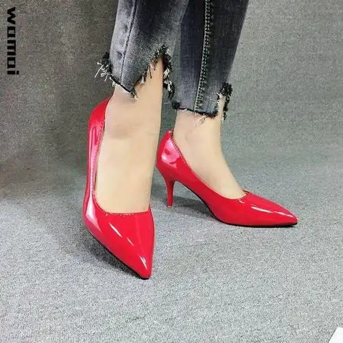 45大码男士单鞋新款尖头漆皮细跟高跟鞋女反串演出伪娘43 红色10cm 45
