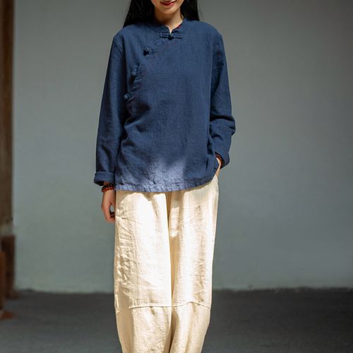 中式斜襟盘太极服女棉麻上衣时尚复古中国国风太极服