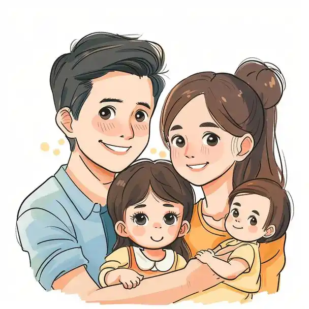 亲子头像|一家四口双胞胎女宝手绘创意插画