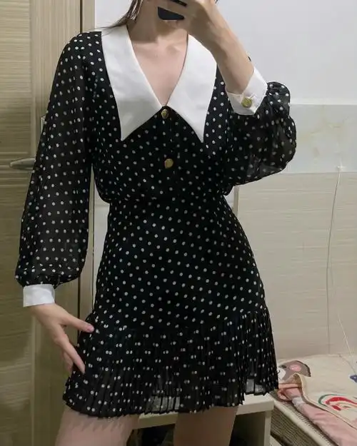 zara新款黑白波点连衣裙
