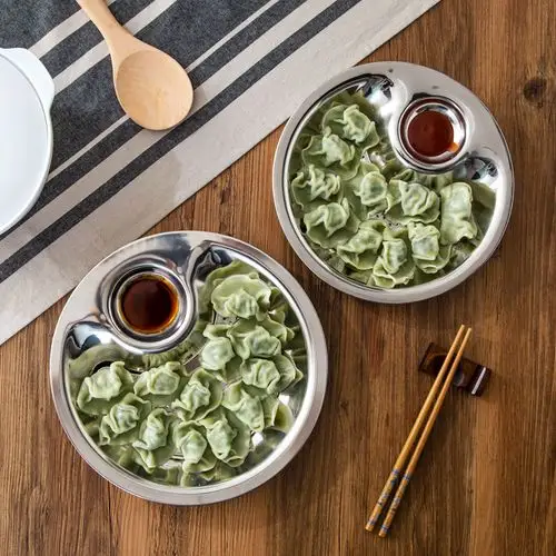 加厚不锈钢带醋碟饺子盘水饺盘沥水双层盘 水果盘多用盘饺盘托盘