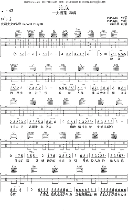 一支榴莲海底吉他谱g调吉他弹唱谱