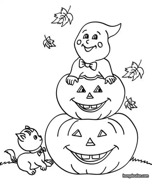 万圣节带着帽子的可爱南瓜小人涂色图片打印-红豆饭小学生简笔画大全