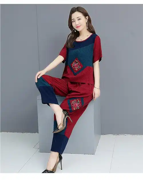 p2266棉麻民族风套装女夏季大码宽松复古刺绣阔腿裤时尚两件套