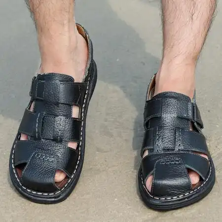 2020男士包头凉鞋男真皮头层牛皮中年中老年春夏季爸爸休闲沙滩鞋