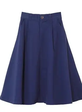 belagirls墨蓝色松紧高腰a字中长款半身裙遮胯显瘦赫本风大摆伞裙