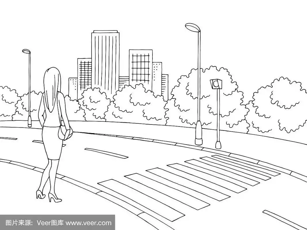 街道道路图形黑白城市景观素描插图矢量.女人等待